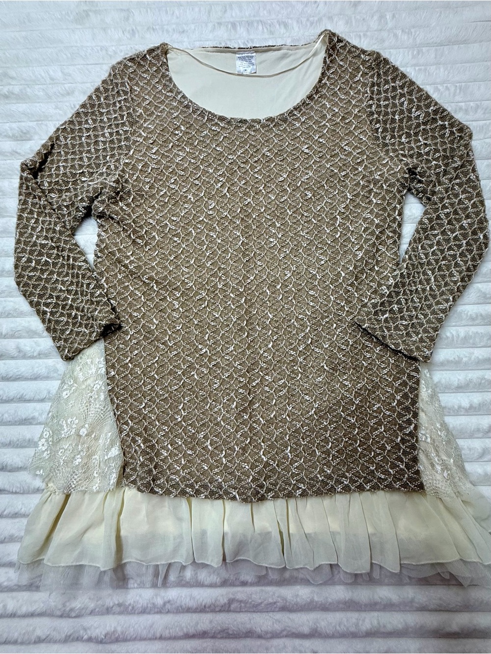 Layered Brown & Cream Long-Sleeve Tunic Lace Detail Dress XL